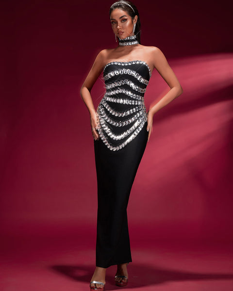 Elegant Crystal-embellished Bandage Gown With Collar