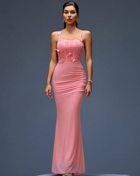 Elegant Mesh Corset Maxi Dress with Appliqués