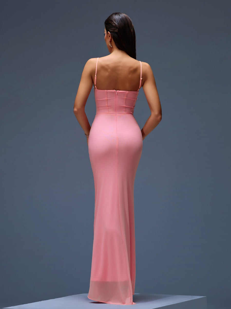 Elegant Mesh Corset Maxi Dress with Appliqués