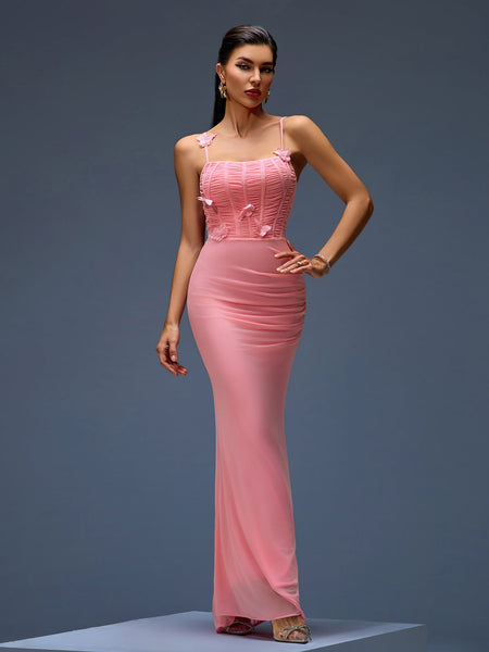Elegant Mesh Corset Maxi Dress with Appliqués