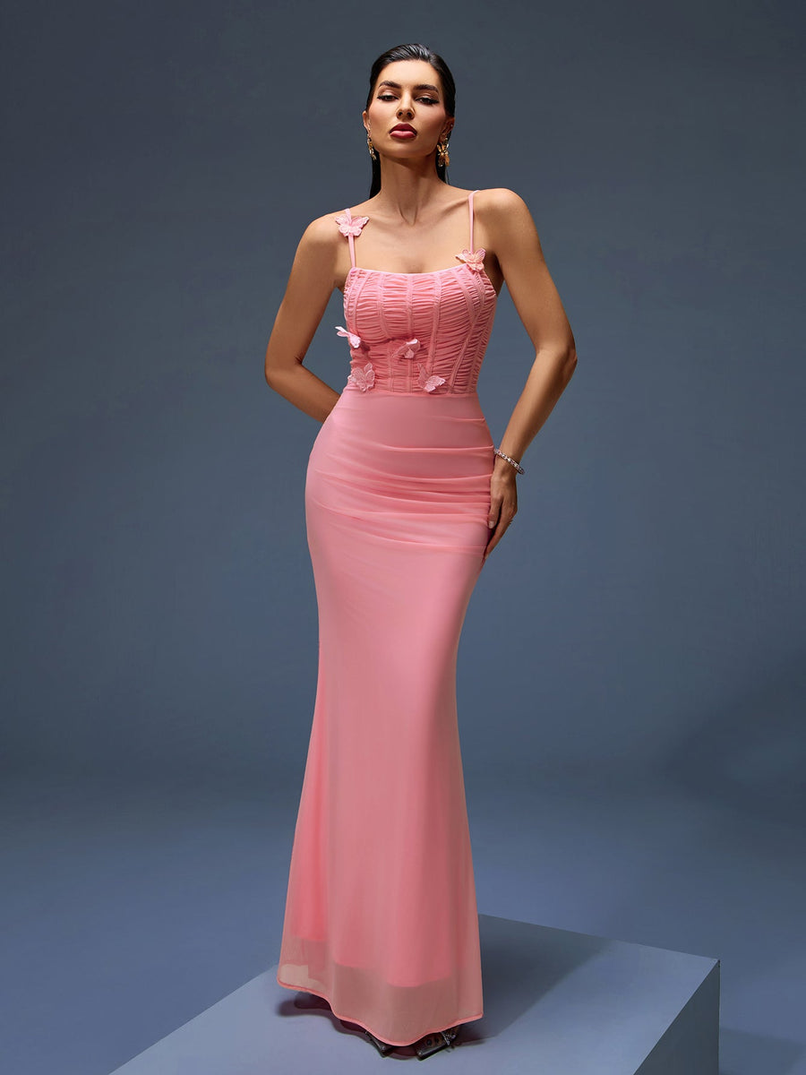 Elegant Mesh Corset Maxi Dress with Appliqués