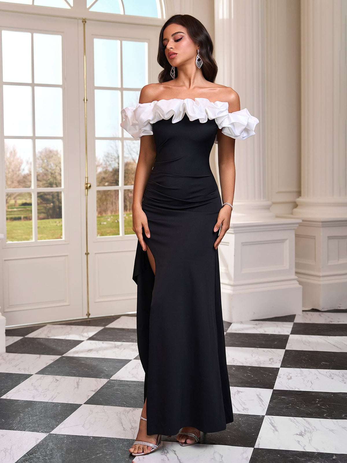Seraphina Bellamy — Elegant Off-Shoulder Ruffled Satin Dress for a Chic Look, alternate view 3