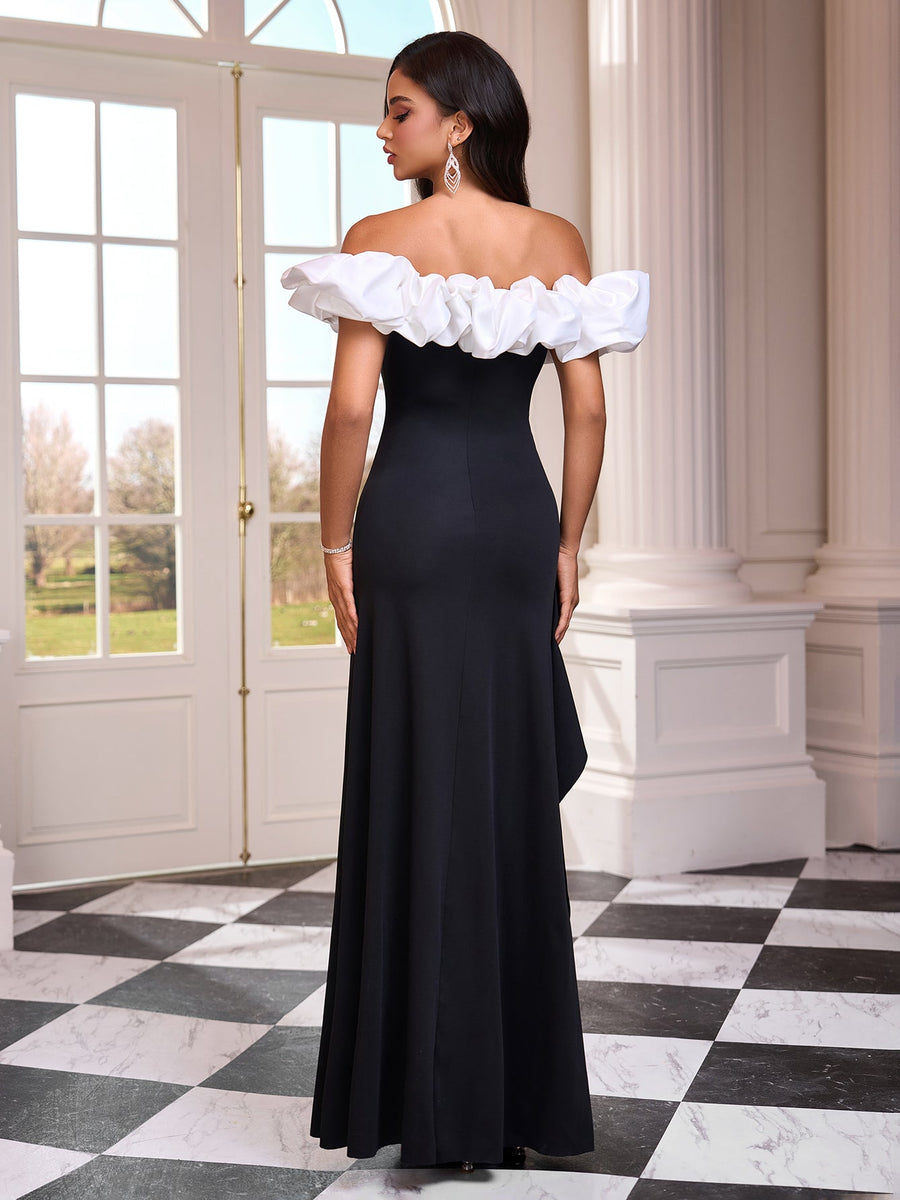 Elegant Off-Shoulder Ruffled Satin Dress for a Chic Look