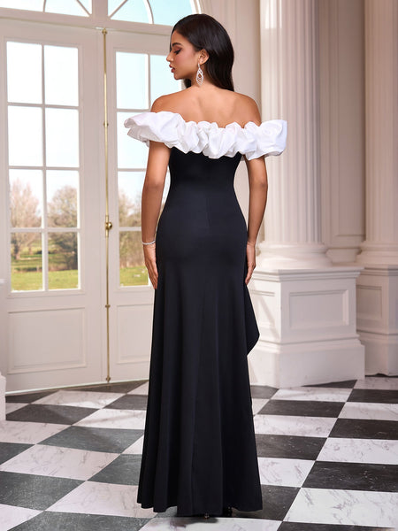 Elegant Off-Shoulder Ruffled Satin Dress for a Chic Look