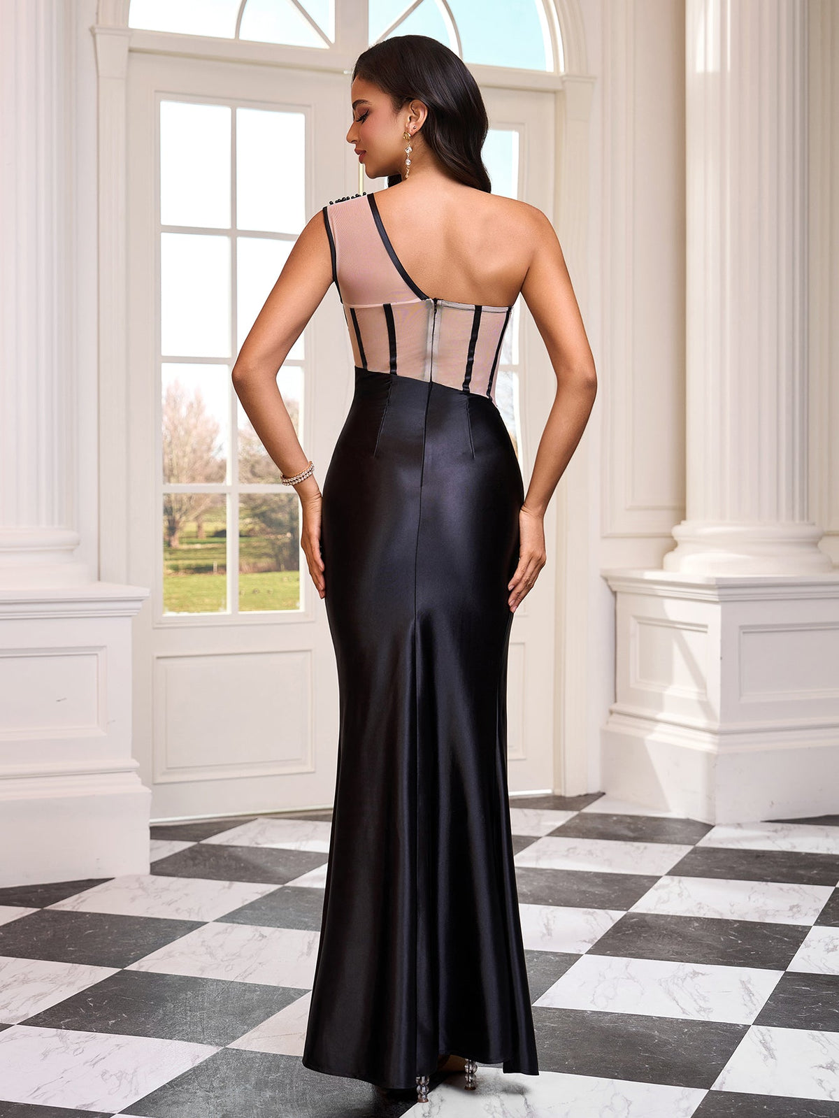 Evangeline Bellamy — Asymmetric Satin Dress with Mesh Fabric, alternate view 4