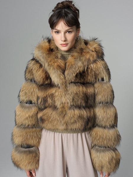 Brown Hooded Arctic Fox Raccoon Fur Jacket-0