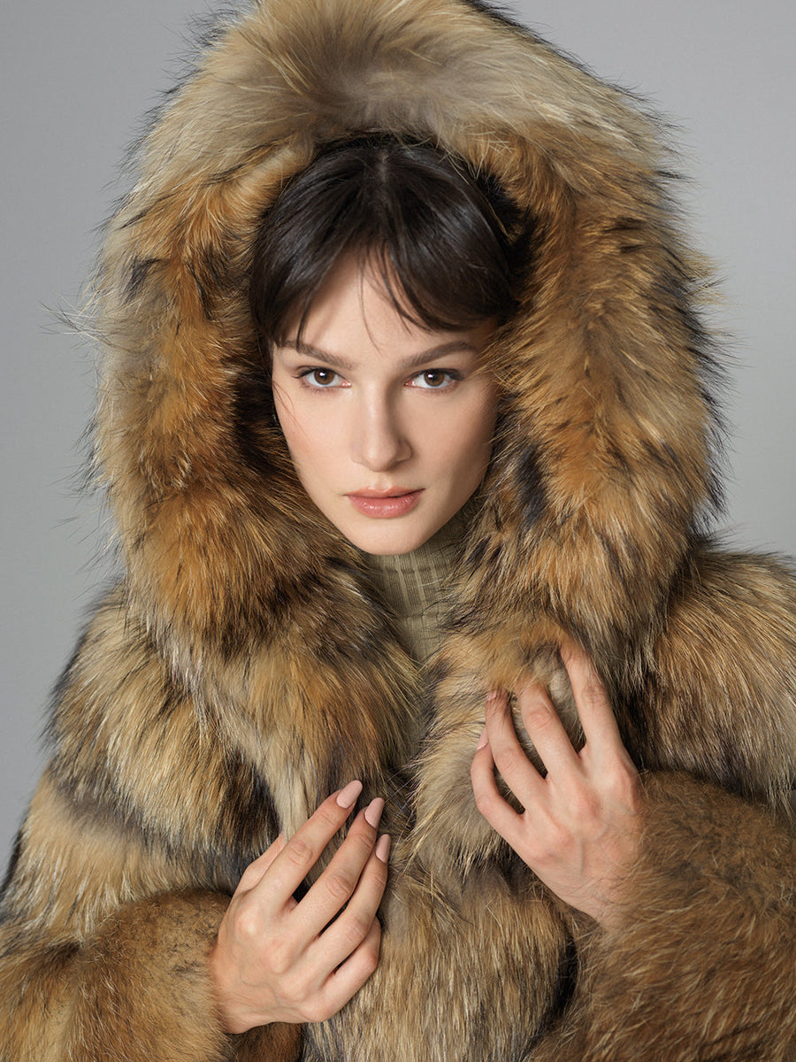 Brown Hooded Arctic Fox Raccoon Fur Jacket-2