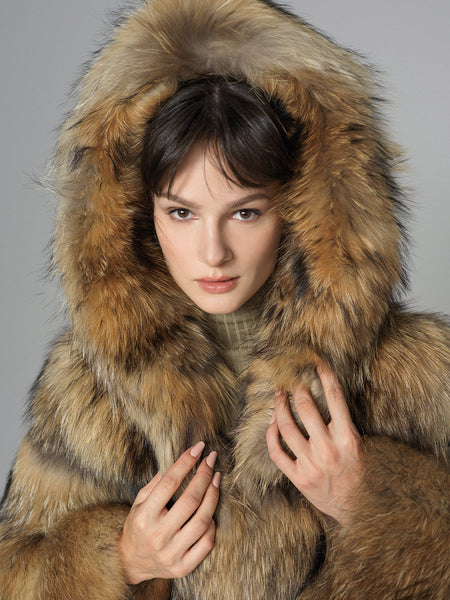 Brown Hooded Arctic Fox Raccoon Fur Jacket-2