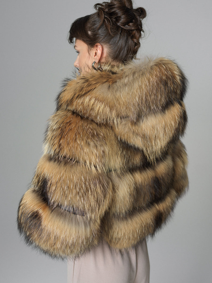 Brown Hooded Arctic Fox Raccoon Fur Jacket-1