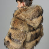 Brown Hooded Arctic Fox Raccoon Fur Jacket-1