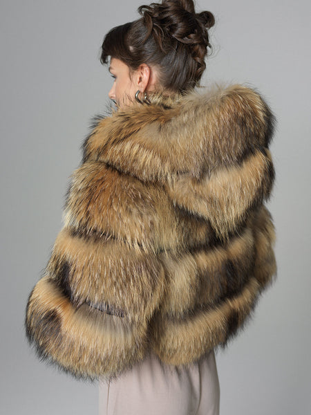 Brown Hooded Arctic Fox Raccoon Fur Jacket-1