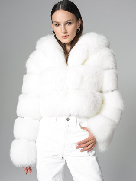 White Hooded Arctic Fox Raccoon Fur Jacket-0