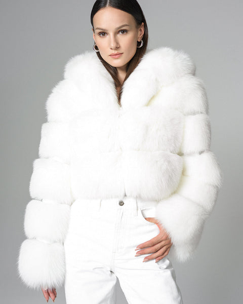 White Hooded Arctic Fox Raccoon Fur Jacket-0