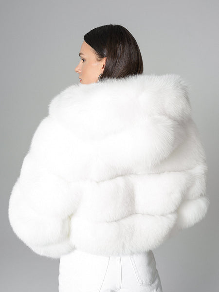White Hooded Arctic Fox Raccoon Fur Jacket-1