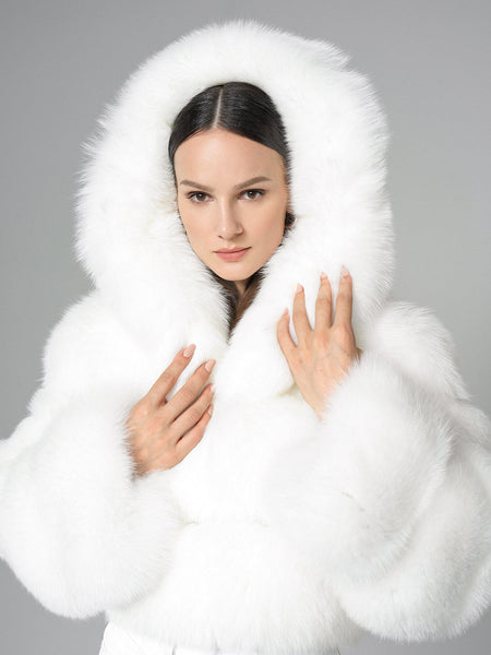 White Hooded Arctic Fox Raccoon Fur Jacket-2