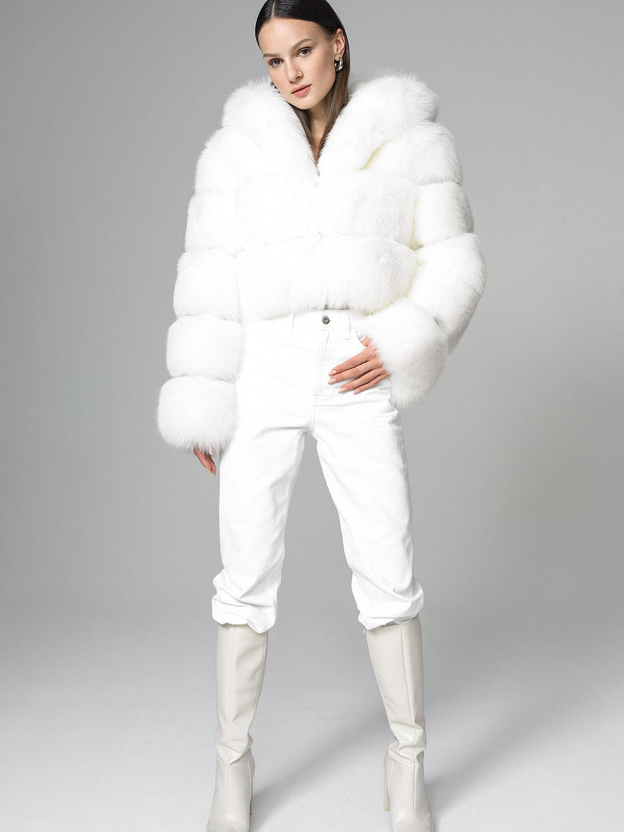 White Hooded Arctic Fox Raccoon Fur Jacket-3
