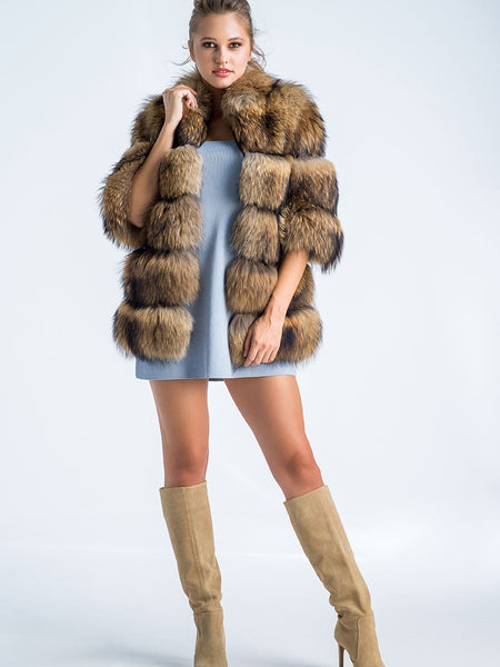 Brown Coat Style Short Sleeve Genuine Raccoon Fur Vest-0