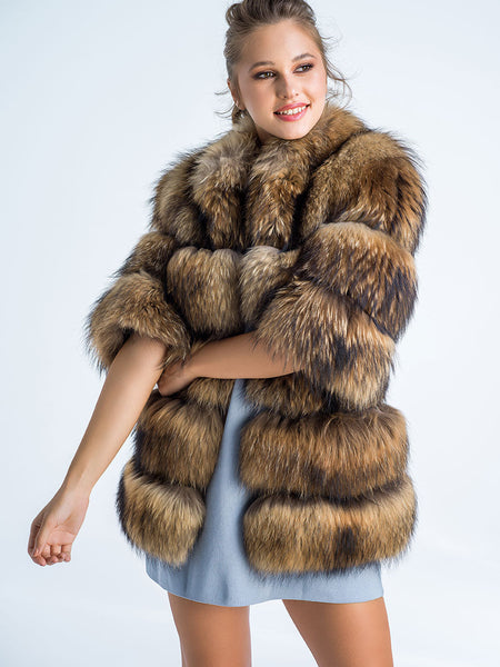 Brown Coat Style Short Sleeve Genuine Raccoon Fur Vest-3