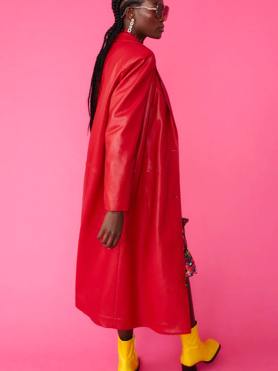 Red Eco Leather Trench Coat-2
