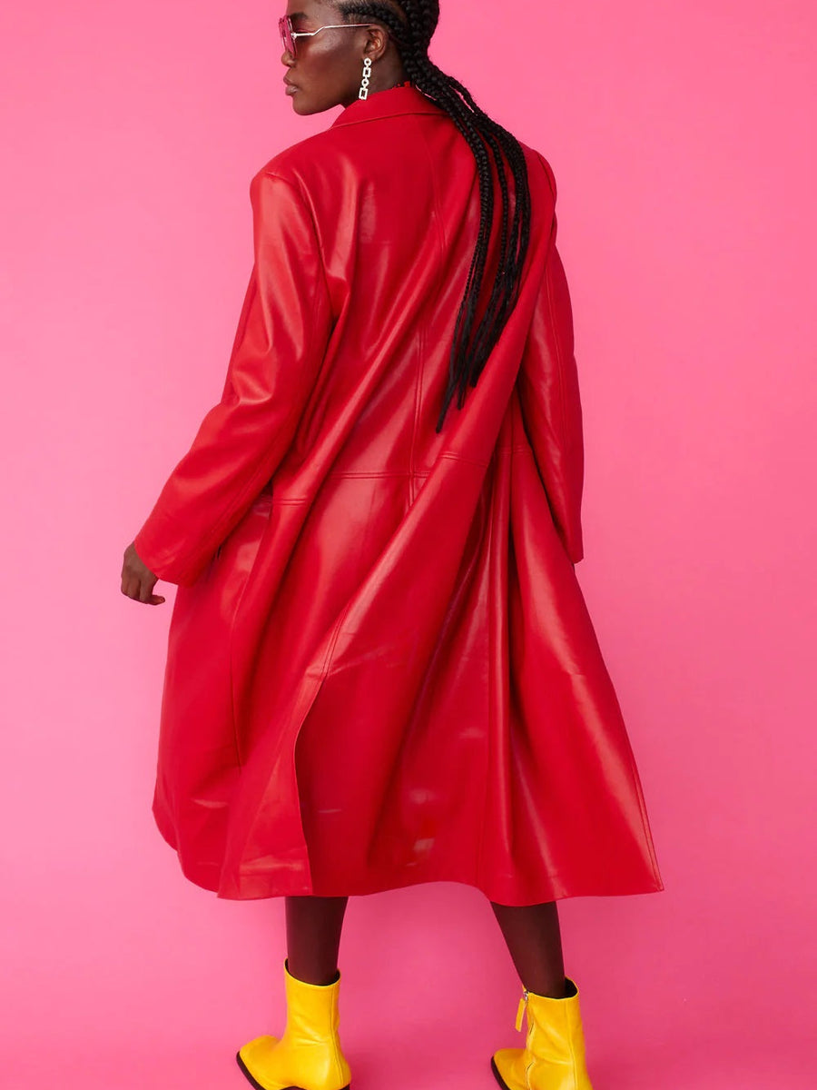 Red Eco Leather Trench Coat-3