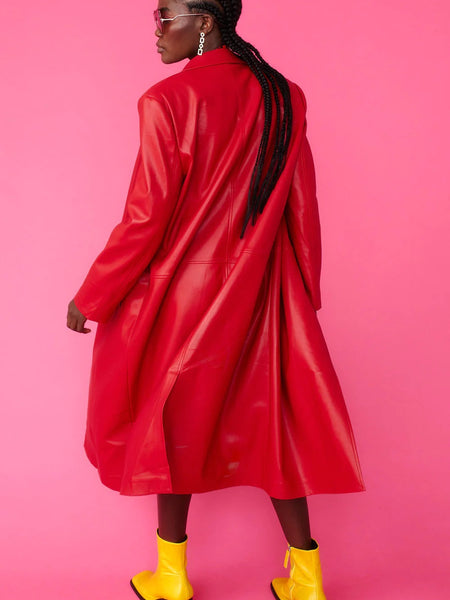 Red Eco Leather Trench Coat-3