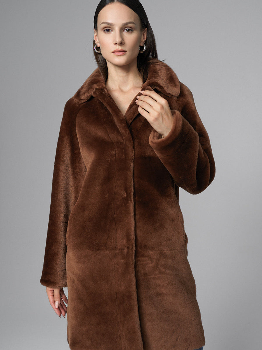Cognac Reversible Genuine Merino Wool Sheepskin Midi Coat-0