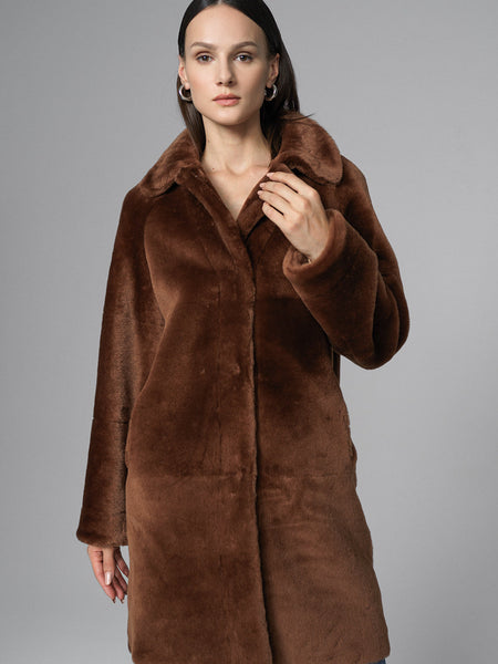 Cognac Reversible Genuine Merino Wool Sheepskin Midi Coat-0