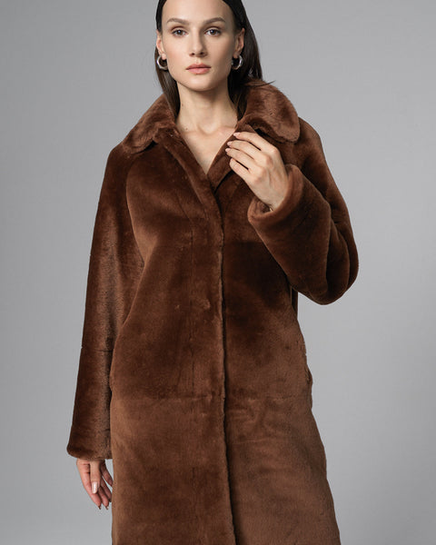 Cognac Reversible Genuine Merino Wool Sheepskin Midi Coat-0