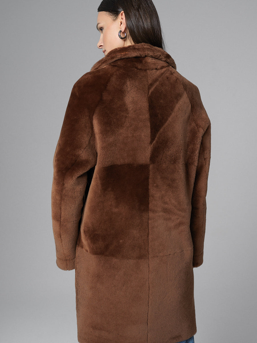 Cognac Reversible Genuine Merino Wool Sheepskin Midi Coat-1