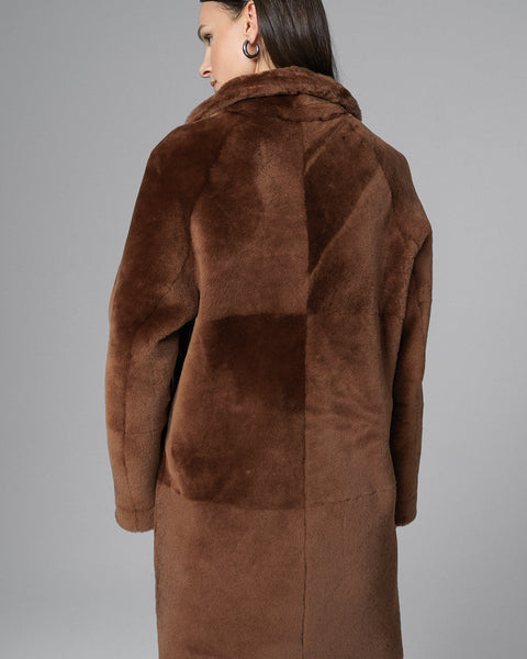 Cognac Reversible Genuine Merino Wool Sheepskin Midi Coat-1