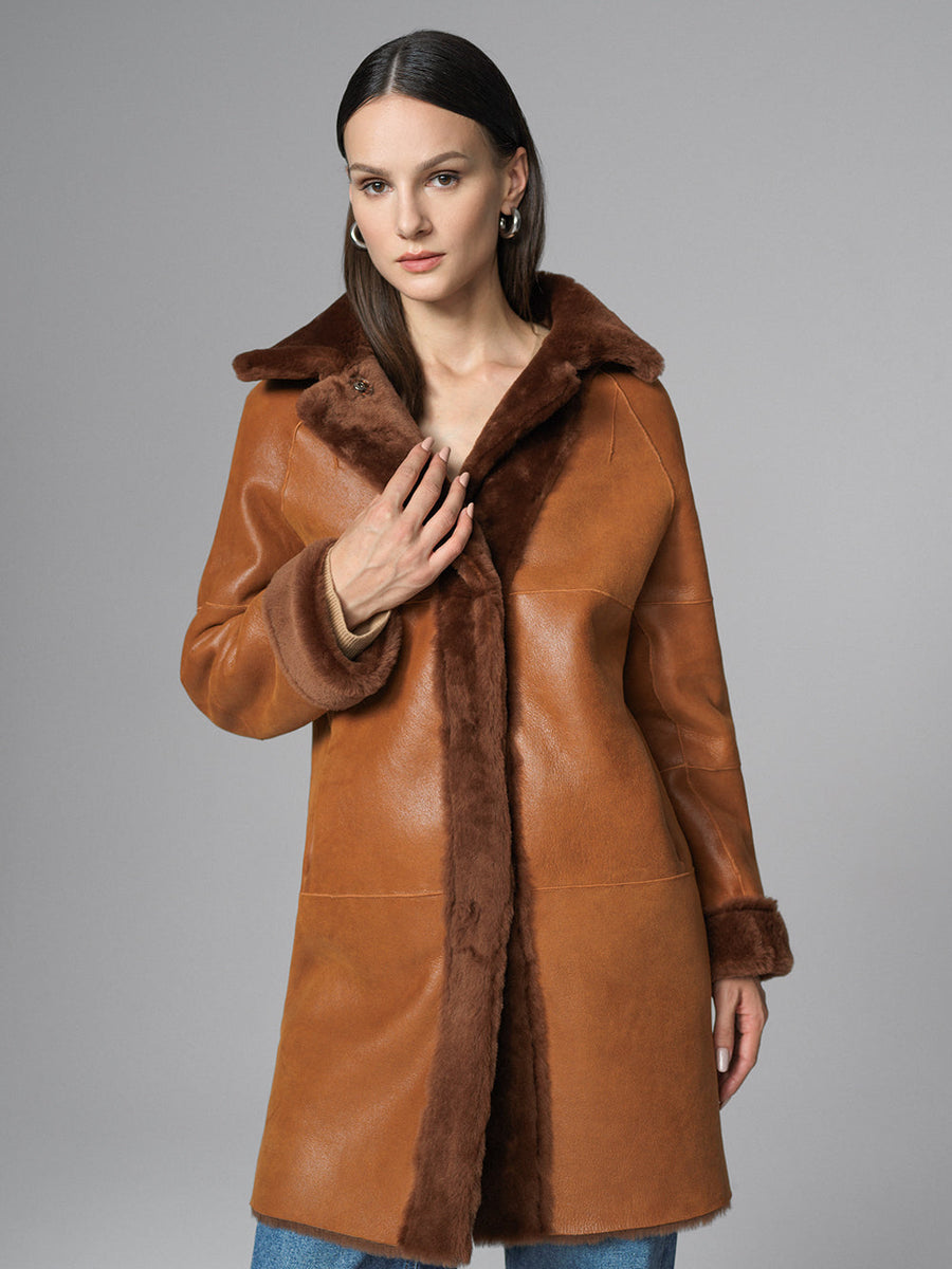 Cognac Reversible Genuine Merino Wool Sheepskin Midi Coat-3