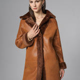 Cognac Reversible Genuine Merino Wool Sheepskin Midi Coat-3