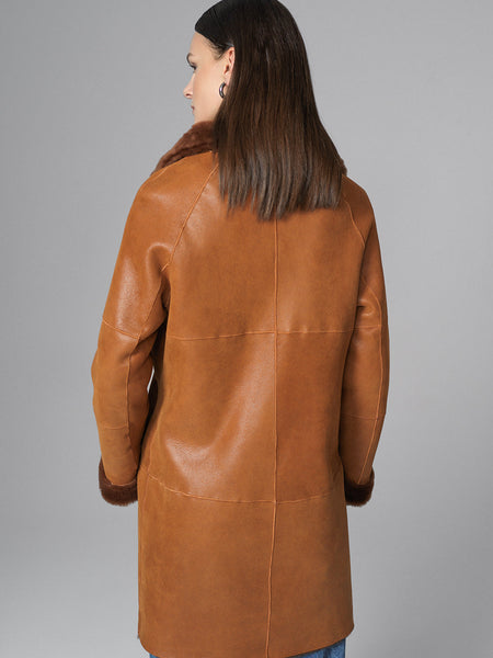 Cognac Reversible Genuine Merino Wool Sheepskin Midi Coat-4