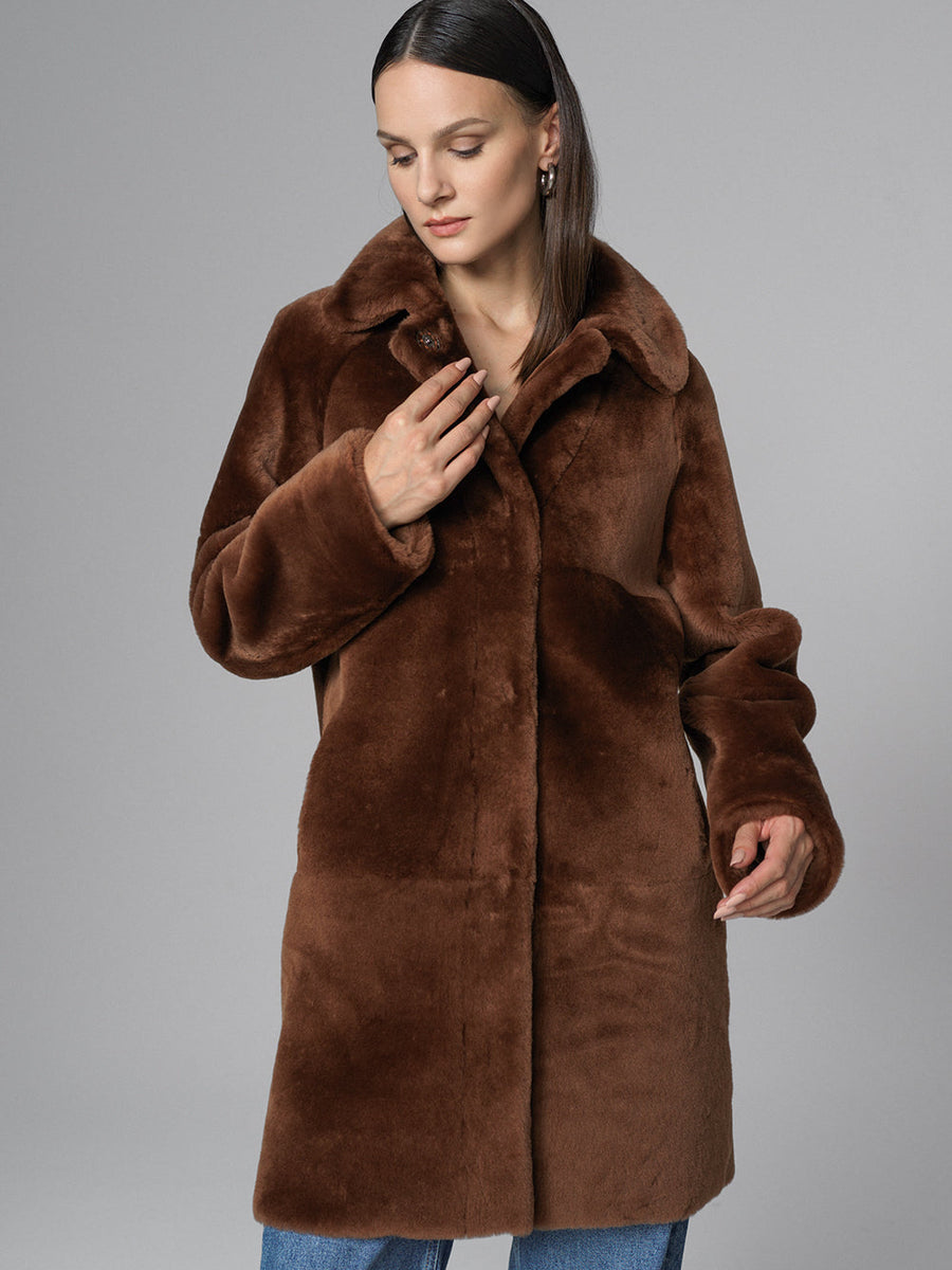 Cognac Reversible Genuine Merino Wool Sheepskin Midi Coat-2