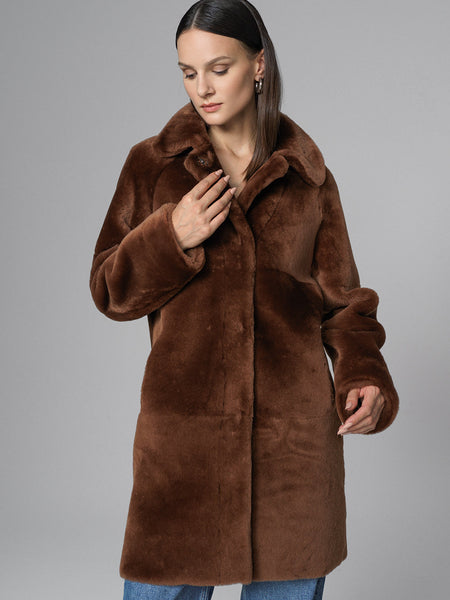 Cognac Reversible Genuine Merino Wool Sheepskin Midi Coat-2