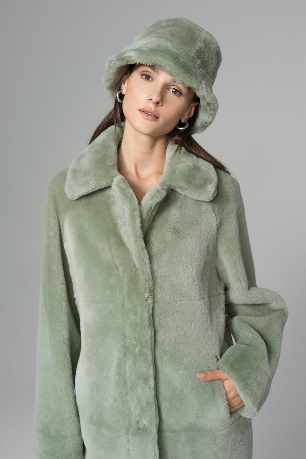 Heloisa — Mint Reversible Genuine Merino Wool Sheepskin Midi Coat, alternate view 2