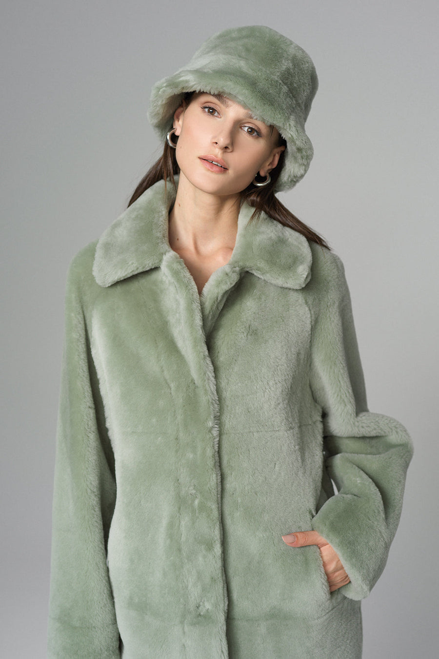 Heloisa — Mint Reversible Genuine Merino Wool Sheepskin Midi Coat, alternate view 2