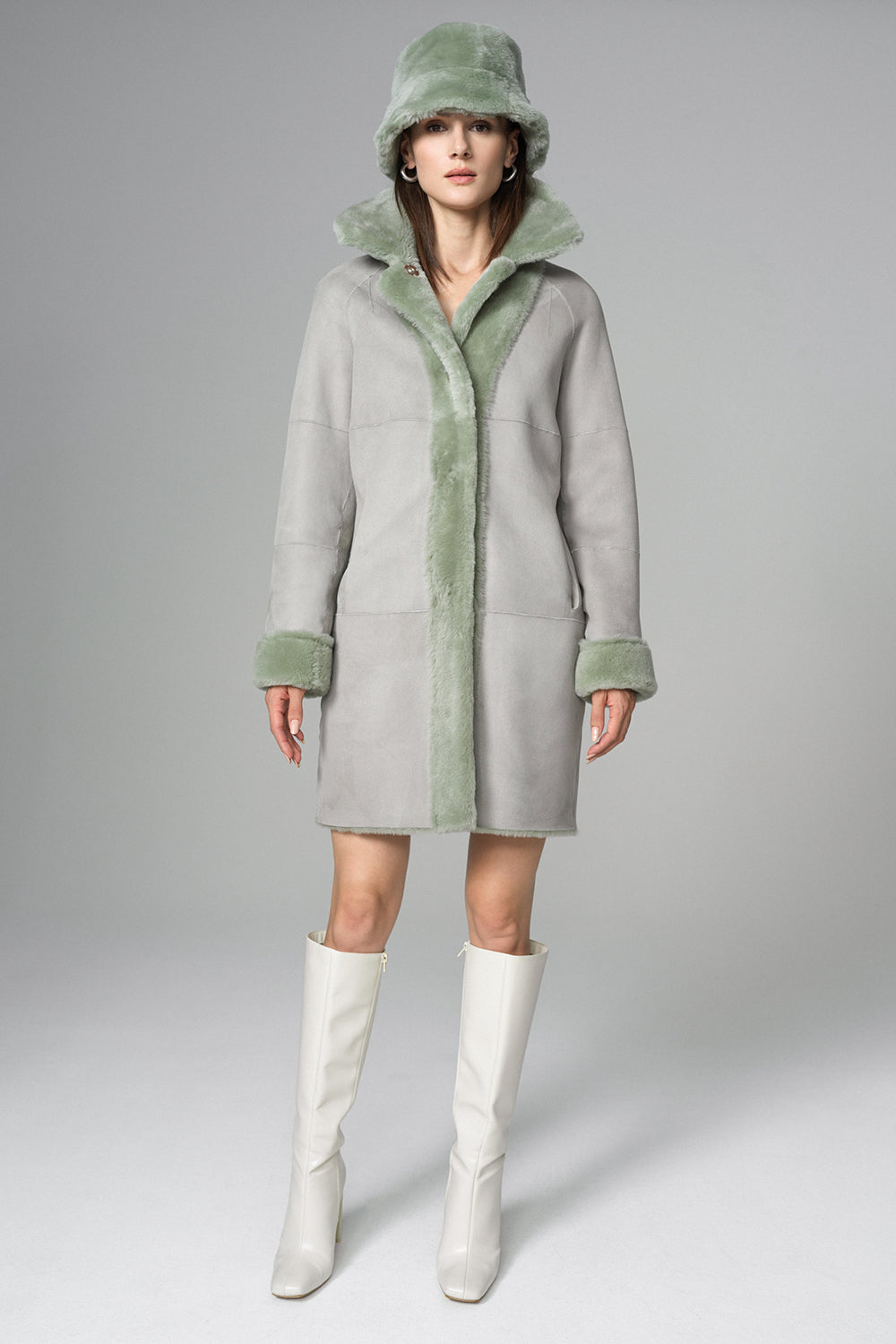 Heloisa — Mint Reversible Genuine Merino Wool Sheepskin Midi Coat, alternate view 4