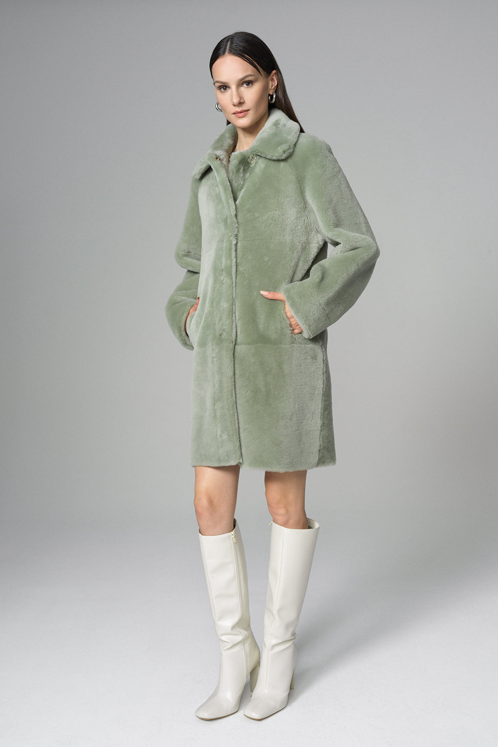 Heloisa — Mint Reversible Genuine Merino Wool Sheepskin Midi Coat, alternate view 3