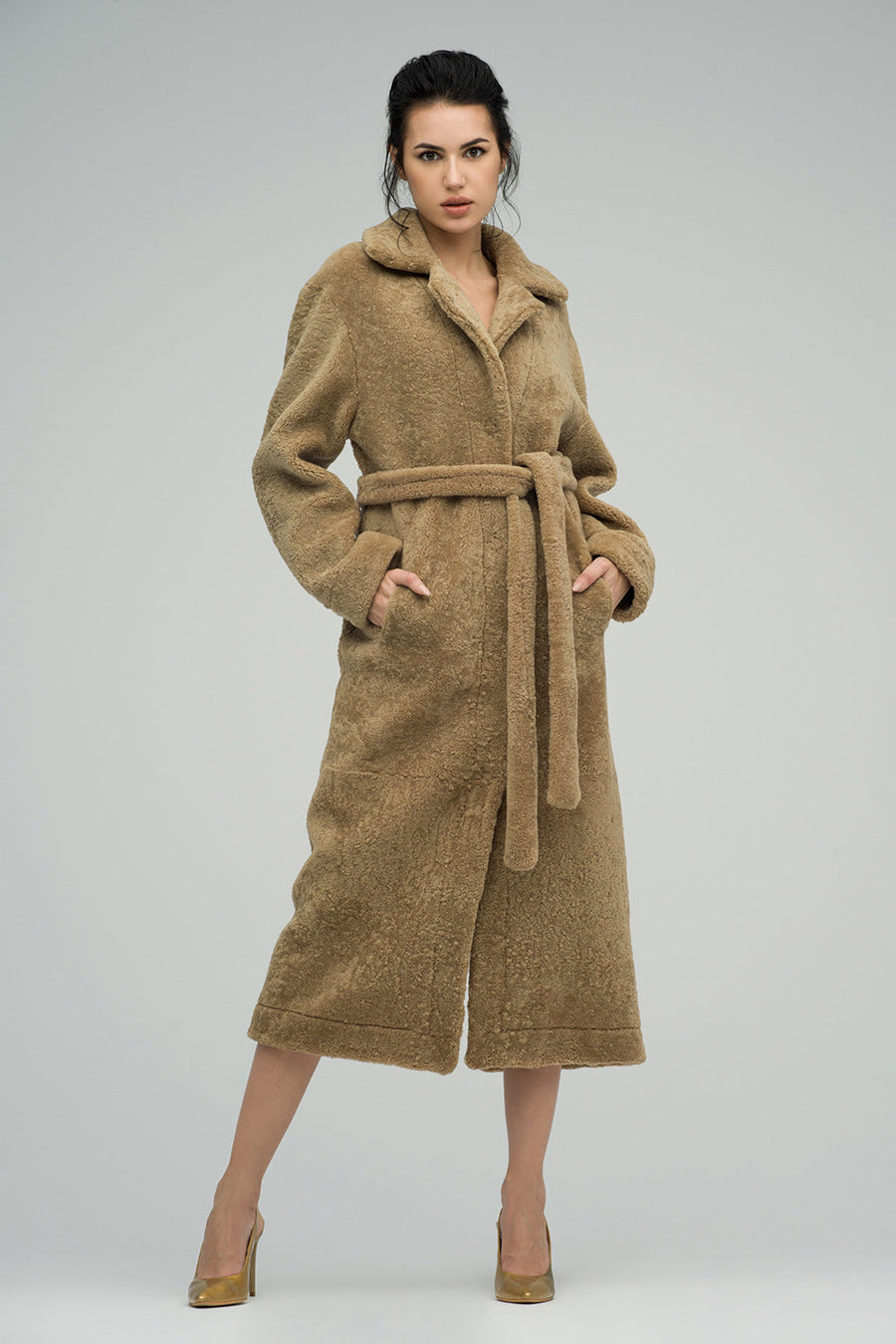 Nerina — Beige Reversible Sheepskin Lamb Fur Maxi Coat