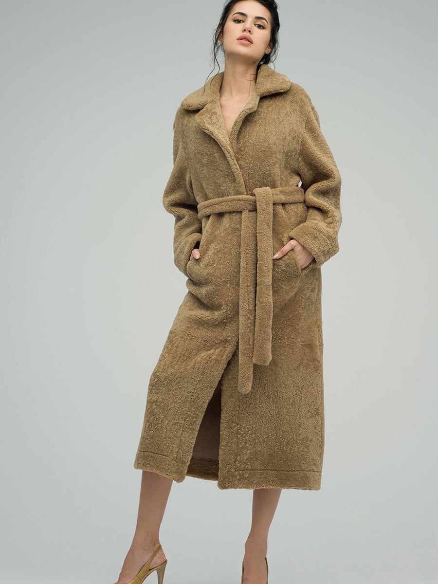Beige Reversible Sheepskin Lamb Fur Maxi Coat-4