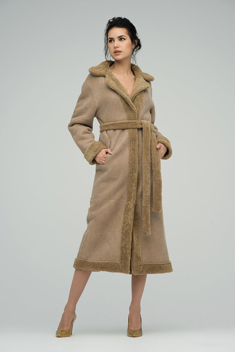Nerina — Beige Reversible Sheepskin Lamb Fur Maxi Coat, alternate view 2