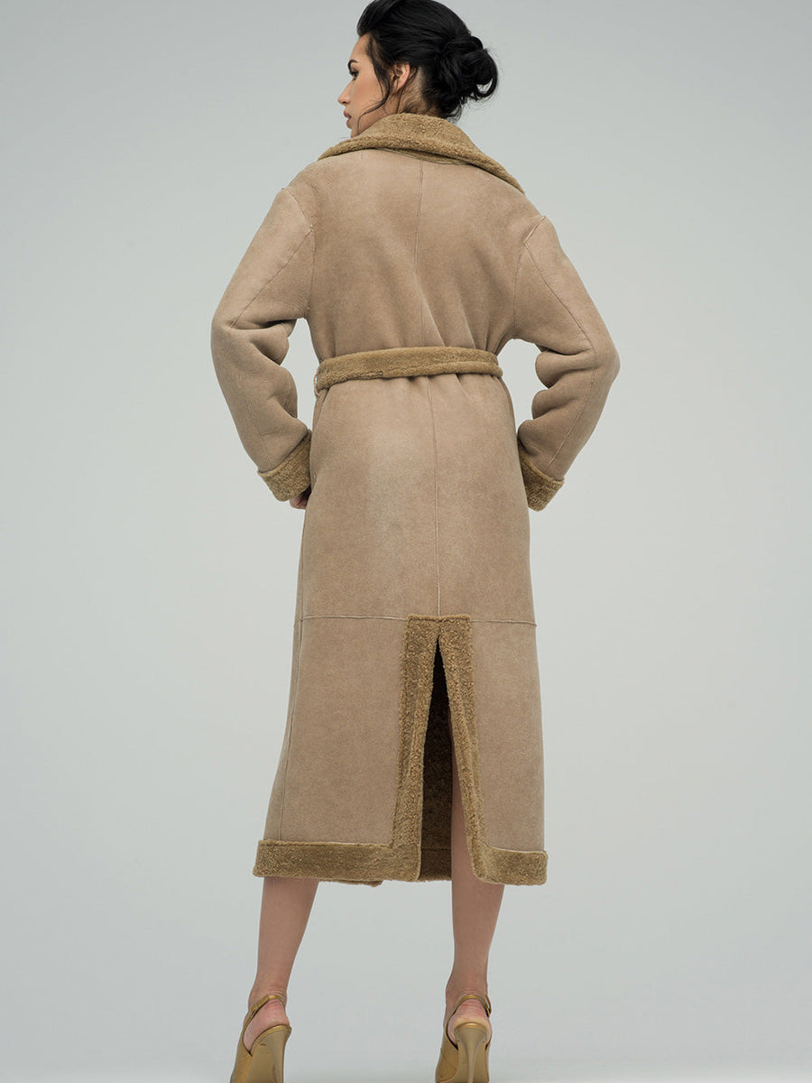 Beige Reversible Sheepskin Lamb Fur Maxi Coat-3