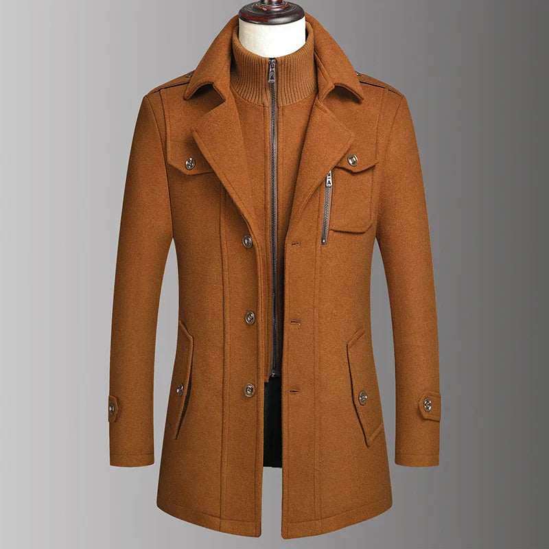 Men's Double Collar Wool Business Coat Winter (Khaki)