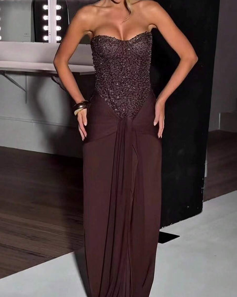 Paillettenbesetztes drapiertes gerafftes Kleid mit Halstuch