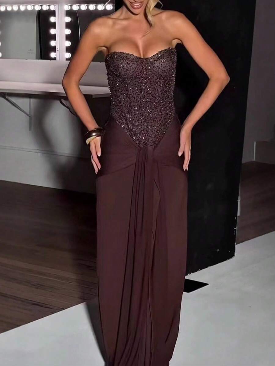 Paris Capri — Sequin Draped Ruched Dress With Neck Scarf