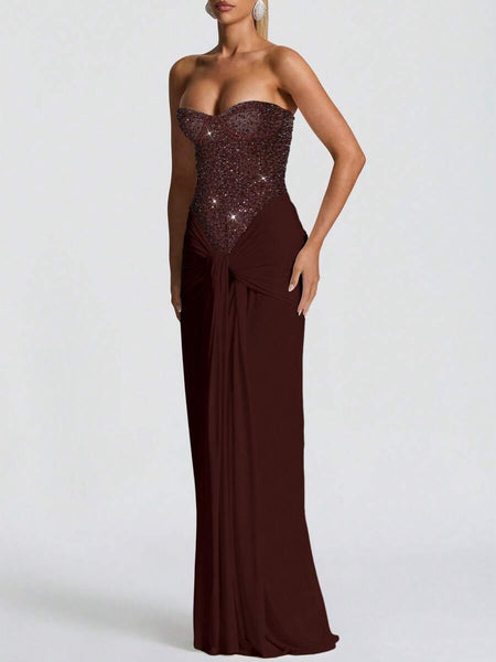 Paillettenbesetztes drapiertes gerafftes Kleid mit Halstuch