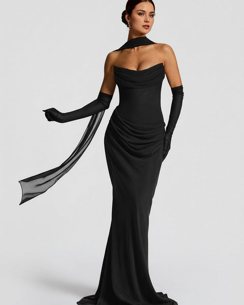 Trägerloses Maxi-Kleid mit Raffungen und Halstuch