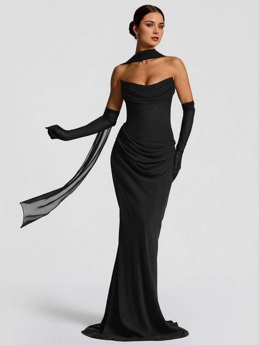 Monroe Capri — Strapless Ruched Maxi Dress With Neck Scarf