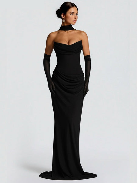 Trägerloses Maxi-Kleid mit Raffungen und Halstuch